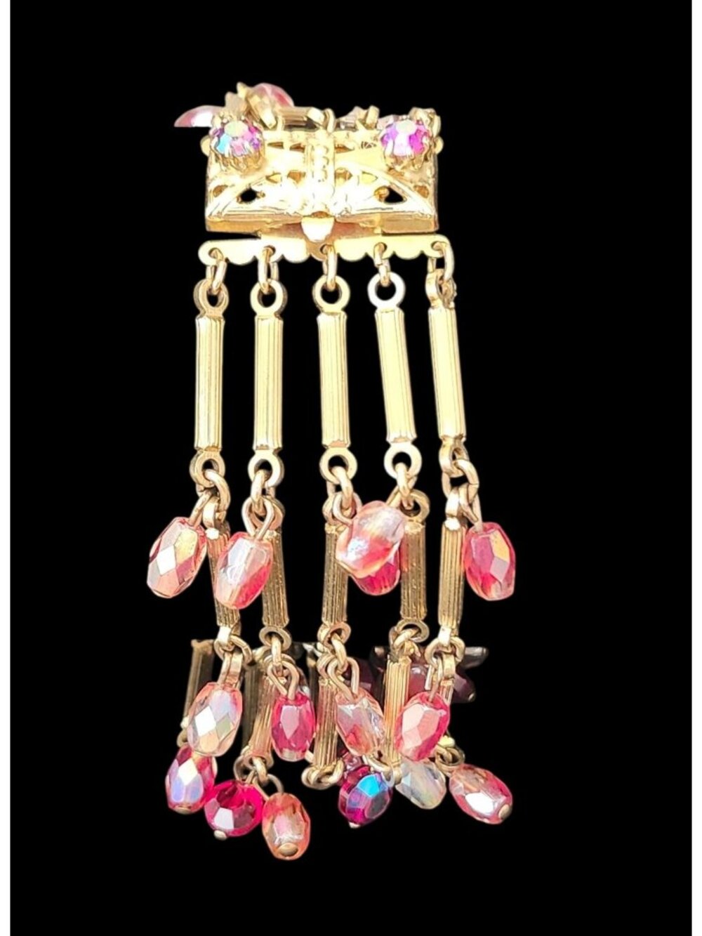 Vintage Gold Tone Bracelet  Dangling Watermelon Gold Tone Tube Beads 7.5 Inches